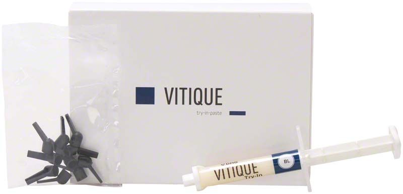 Vitique Try-In-Paste BL in Spritze mit Verpackung und Zubehör.