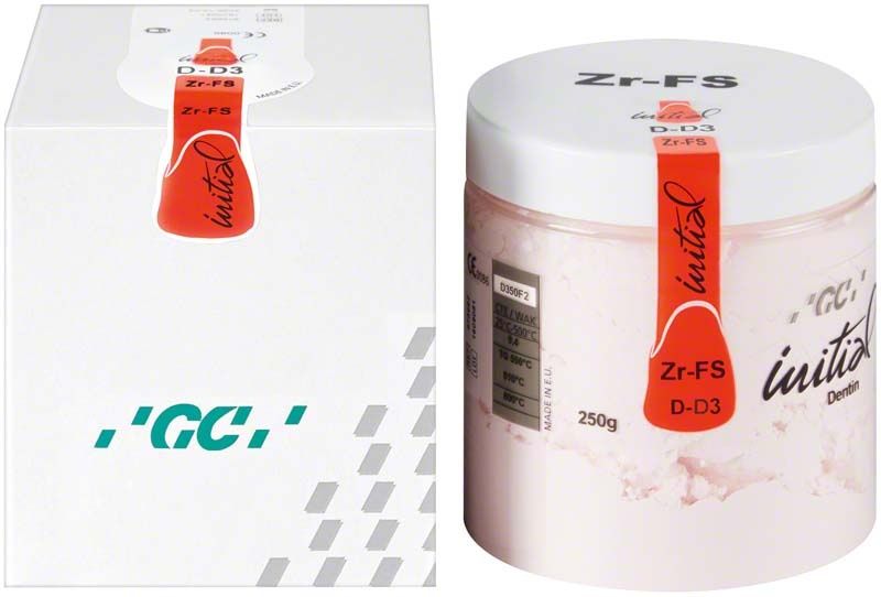 GC Initial Zr-FS Dentin 250g DD3 in weißer Verpackung mit rotem Etikett.