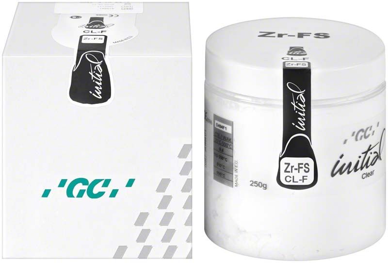 GC Initial Zr-FS Clear Fluoreszenz 250g, weiße Verpackung mit schwarzem Etikett.