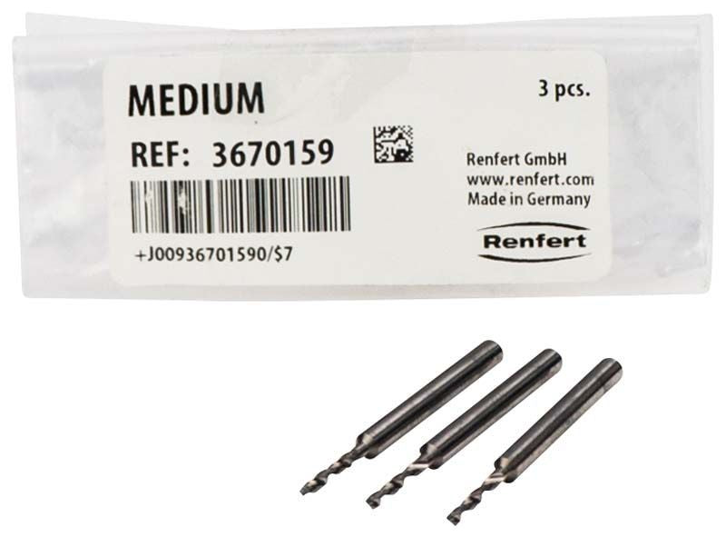 Drei Smart-Pinbohrer Ø 1,59mm mit Verpackung, geeignet für Dentalanwendungen.