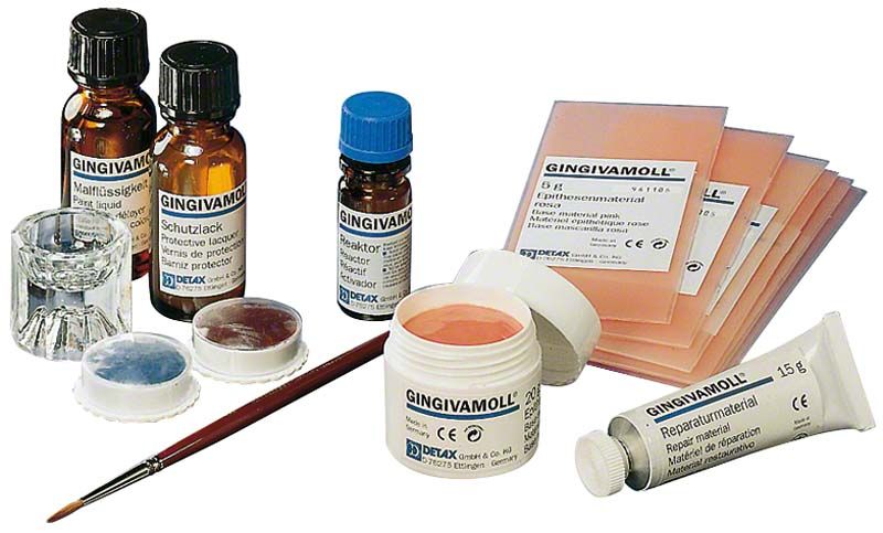Gingivamoll® Starterkit mit Epithesenmaterial, Lösungsmitteln und Zubehör.