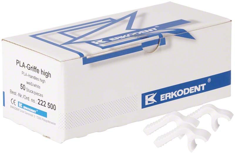 Weiße PLA-Löffelgriffe für den dentalen Einsatz vor Verpackung.