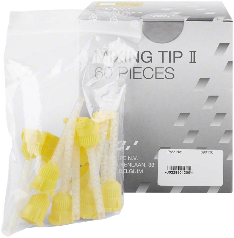 Mischkanülen Mixing Tips II gelb, Gr. SS in Verpackung vor Box.
