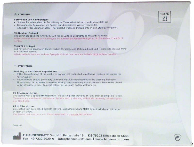 Rückseite der Verpackung des RELAX Mundspiegels FS ULTRA Gr. 4 mit Anweisungen und Warnhinweisen.