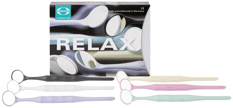 Mundspiegel mit ergonomischem Griff in verschiedenen Farben vor Verpackung.