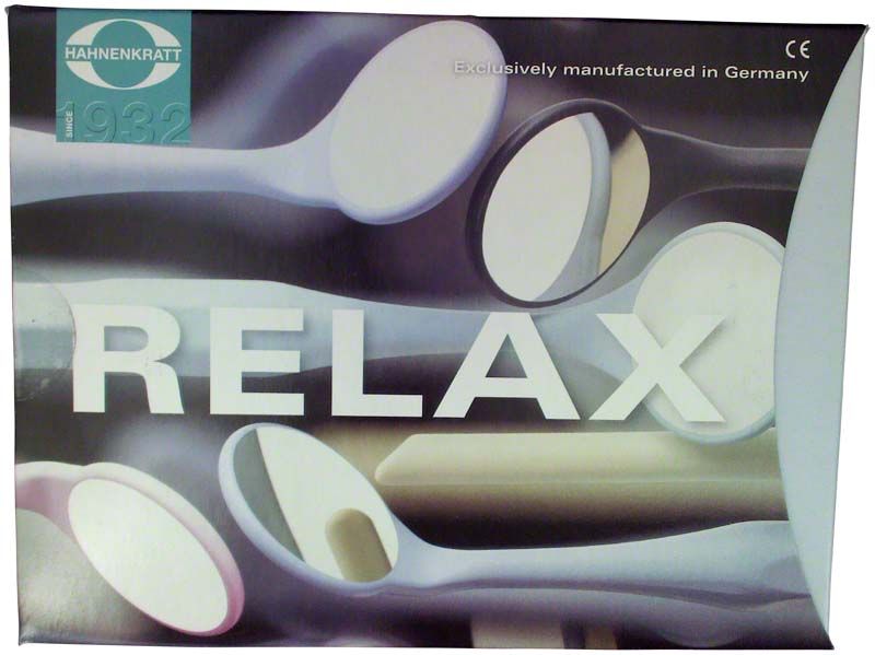 RELAX Mundspiegel FS ULTRA Gr. 5 in pastellgelb auf Verpackung.