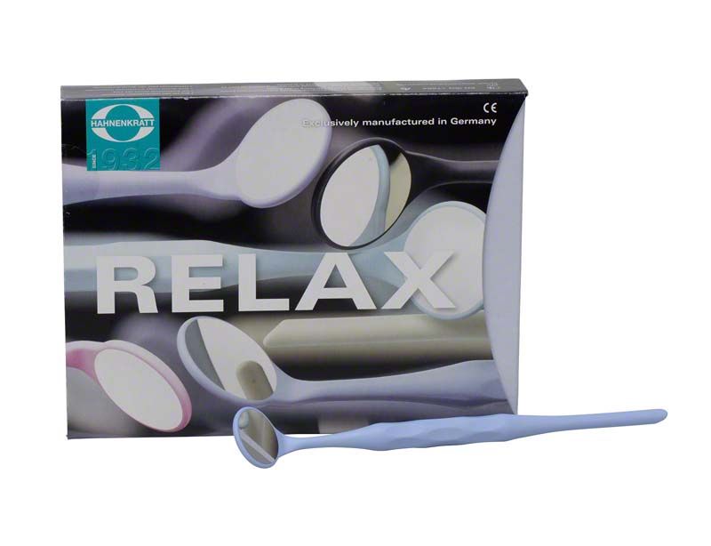 Pastellblauer dentaler Mundspiegel mit ergonomischem Griff vor Verpackung.