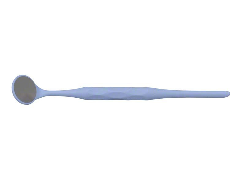 Pastellblauer dentaler Mundspiegel mit ergonomischem, strukturiertem Griff.
