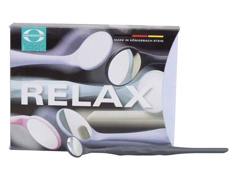 RELAX Mundspiegel FS ULTRA Gr. 5 mit anthrazitfarbenem Griff vor Verpackung.
