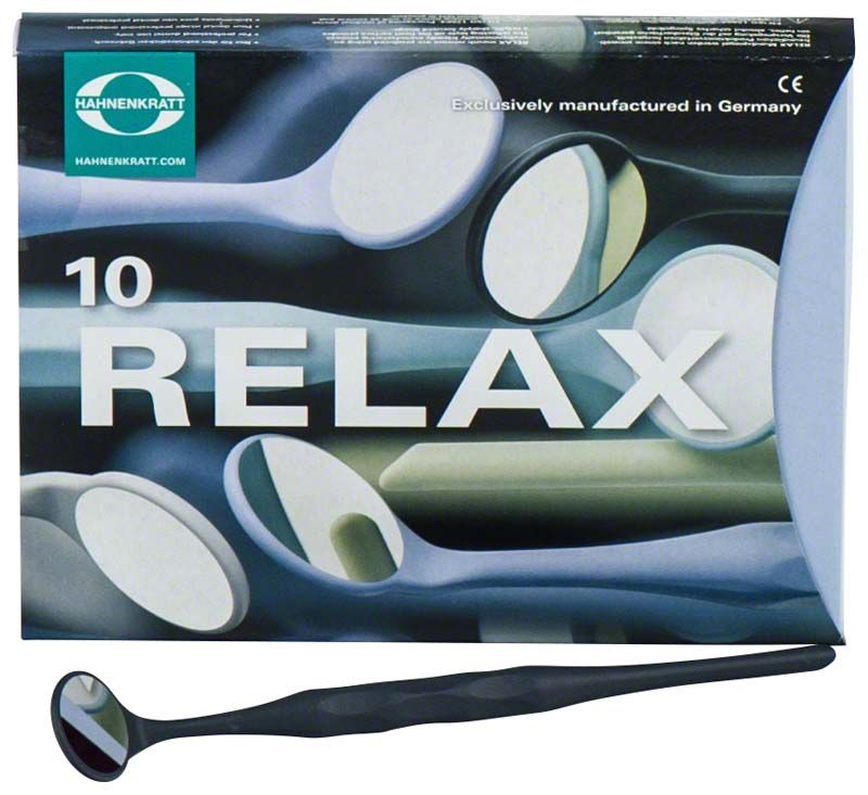 Mundspiegel RELAX FS Rhodium Gr. 5 mit anthrazitfarbenem Griff vor Verpackung.