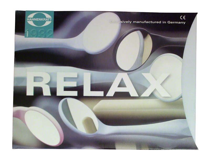 Verpackung des RELAX Mundspiegel FS Rhodium Gr. 5 mit mehreren Spiegelabbildungen.
