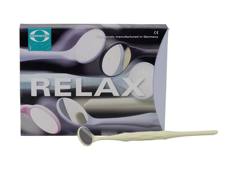 RELAX Mundspiegel FS Rhodium Gr. 5 in pastellgelber Farbe vor Verpackung