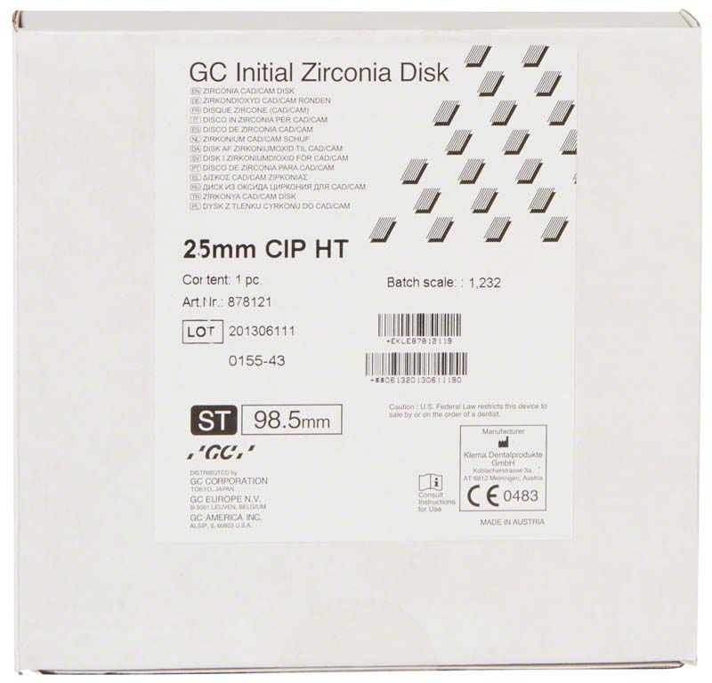 GC Initial Zirconia Disk HT 98,5 x 25mm Verpackung mit Produktspezifikationen.