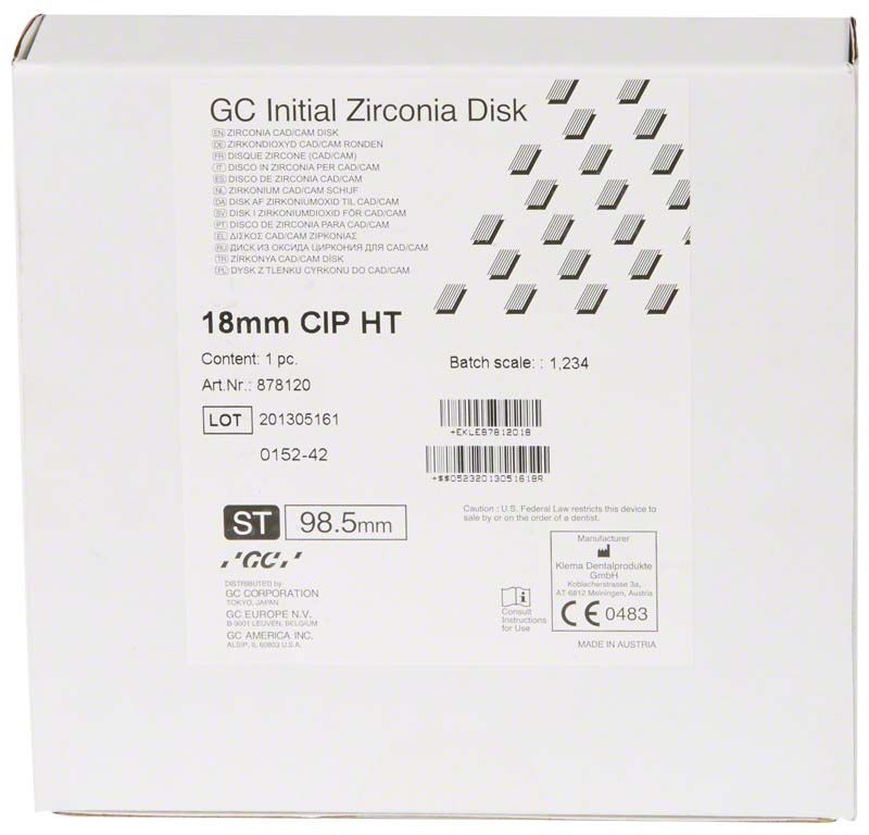 GC Initial Zirconia Disk HT 98,5 x 18mm Verpackung mit Produktdetails und Logos.