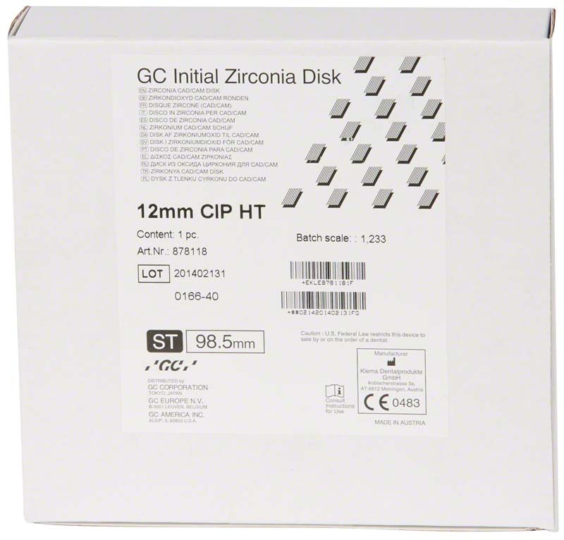 GC Initial Zirconia Disk HT 98,5 x 12mm in weißer Verpackung.