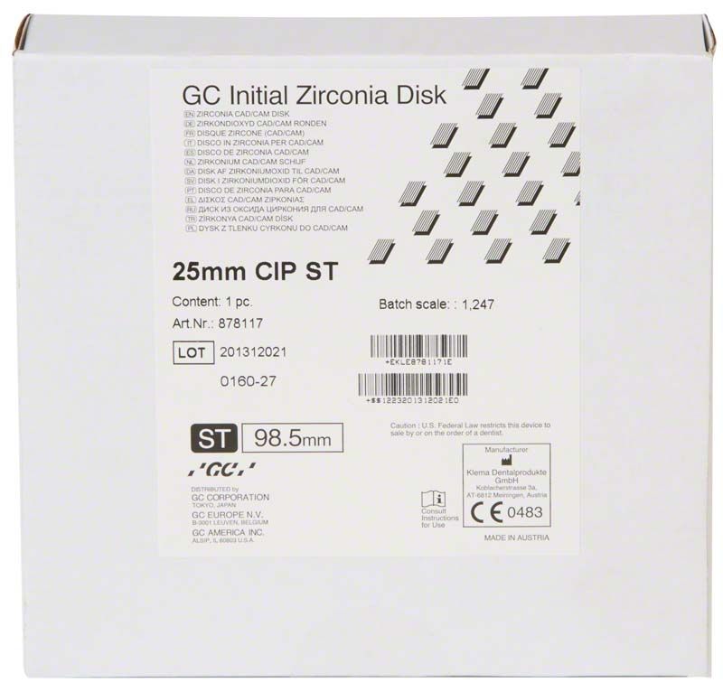 GC Initial Zirconia Disk ST Verpackung mit Produktinformationen und Barcode.