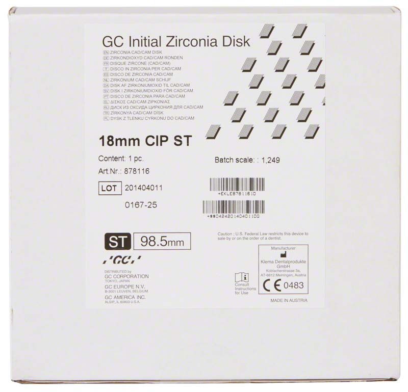 Verpackung der GC Initial Zirconia Disk ST 98,5 x 18mm.