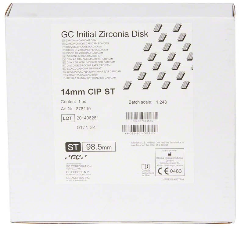 GC Initial Zirconia Disk ST, 98,5 x 14mm, auf weißer Verpackung.