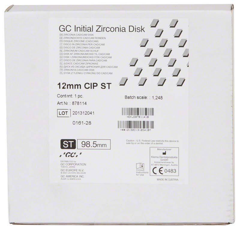GC Initial Zirconia Disk ST 98,5 x 12mm Verpackung mit Etikett und Produktinformationen.
