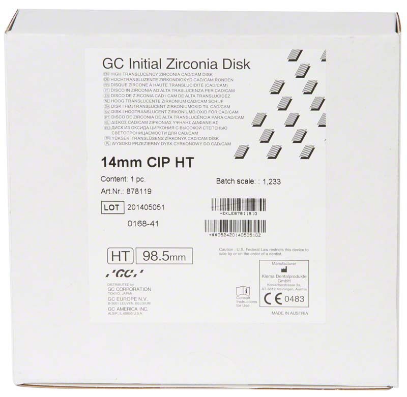 GC Initial Zirconia Disk HT 98,5 x 14mm in weißer Verpackung.