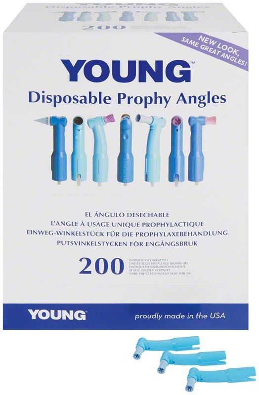 Einweg Prophy-Winkelstück Contra Turbo Plus LF mit blauem Kelch auf Verpackung.