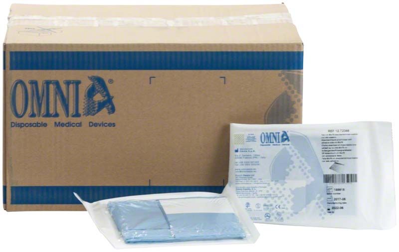 OP-Abdecktuch mit verklebbarer Seite, verpackt, vor Karton mit Omnia-Logo.