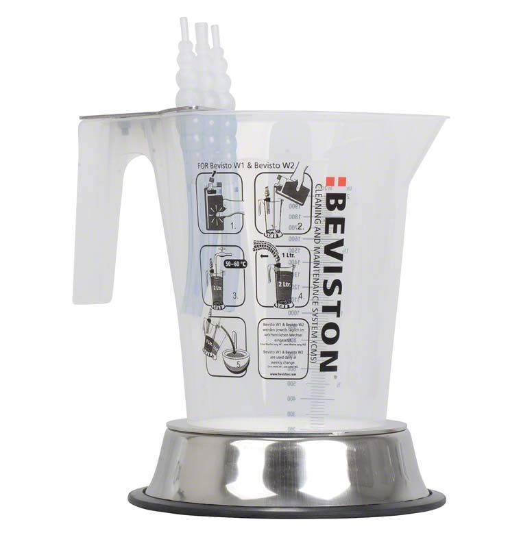 Mischbehälter BEVISTON CMS mit Skala und Gebrauchsanweisungen.