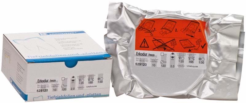 Erkodur freeze 10er Verpackung mit silberner Folie und orangefarbener Anleitung.
