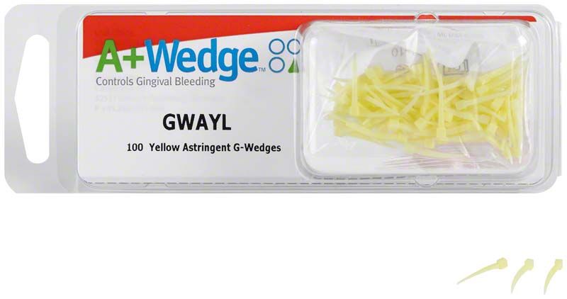 Verpackung des A+Wedge™ Interdentalkeil-Systems mit gelben Keilen.