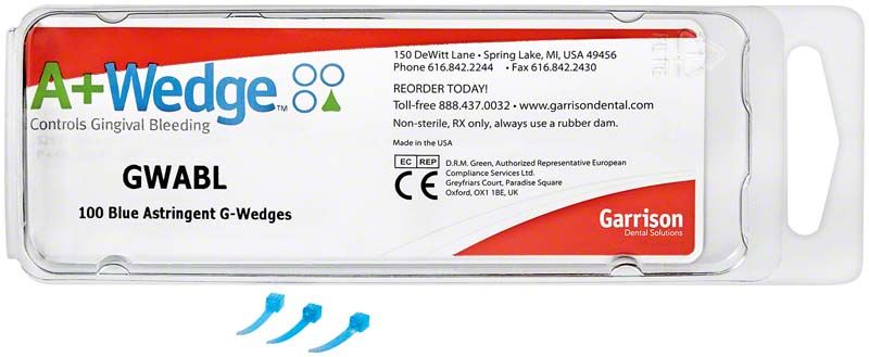 Interdentalkeil-System A+Wedge in blauer Verpackung von Garrison Dental Solutions.