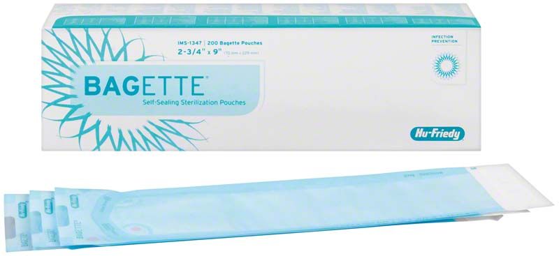 BAGETTE® Sterilisationstüten 70 x 229mm, 200 Stück, auf Verpackung abgebildet.