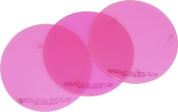 Erkoloc-pro pink Dentalplatten, 4,00mm dick, 120mm Durchmesser, drei Stück.