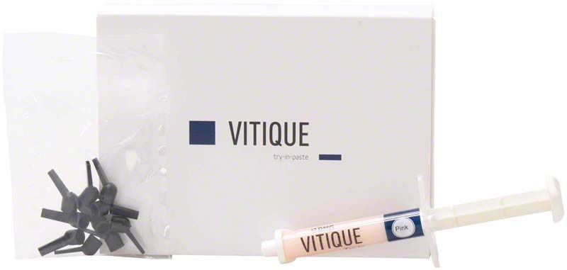 Vitique Try-In-Paste pink in Spritze vor Verpackung mit Zubehör.