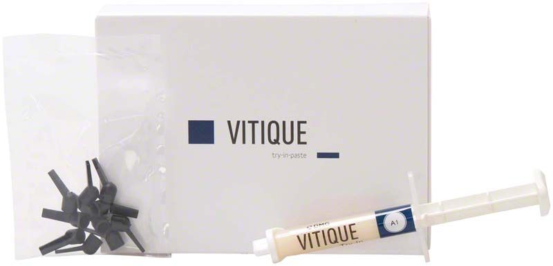 Vitique Try-In-Paste A1 in Spritze mit Zubehör und Verpackung.