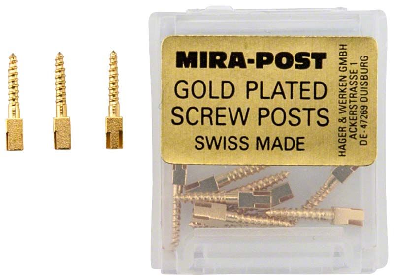 Vergoldete Mirapost® Wurzelstifte in Verpackung, 12 Stück, selbstschneidend.
