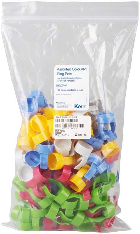 Ringtöpfe farbig sortiert in Plastikverpackung für Dentalhygiene.