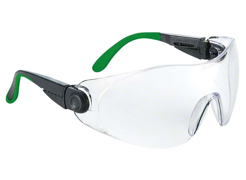 Hochwertige Schutzbrille mit klarer Polycarbonatscheibe und grünen Softbügeln.