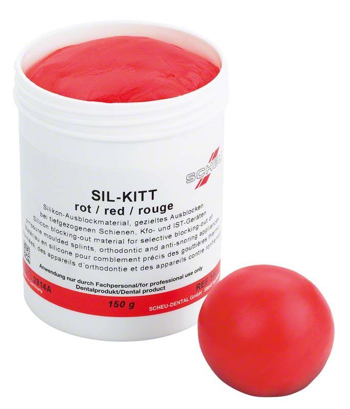 Rotes SIL-KITT-Silikonmaterial in weißer 150g-Dose für dentale Anwendungen.