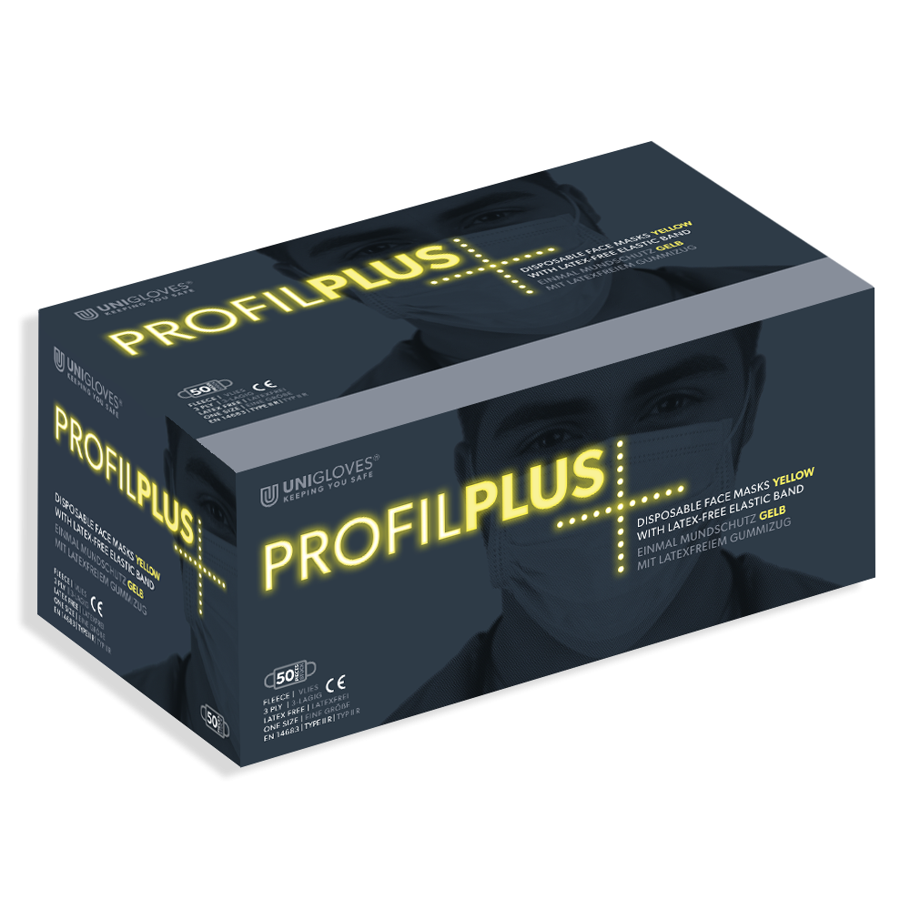 PROFIL PLUS OP-Mundschutz in gelber Verpackung mit Gesichtsabbildung und Produktdetails.