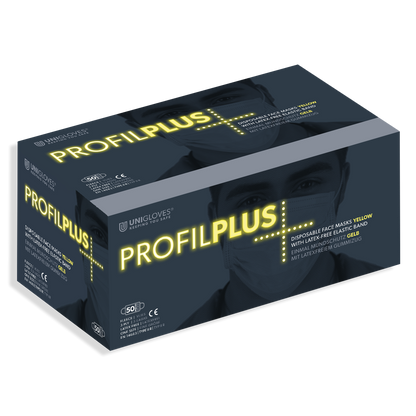 PROFIL PLUS OP-Mundschutz in gelber Verpackung mit Gesichtsabbildung und Produktdetails.