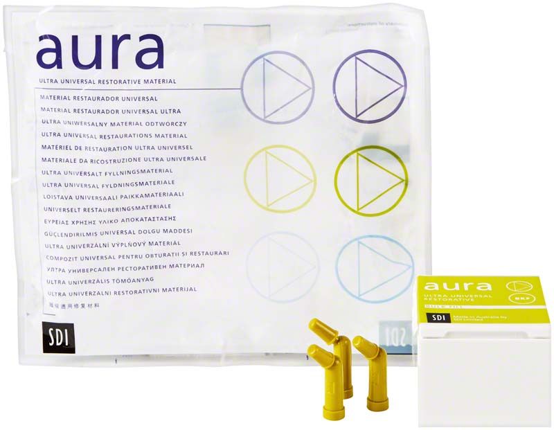 Verpackung der Aura Bulk Fill Complets mit gelben Applikatoren.