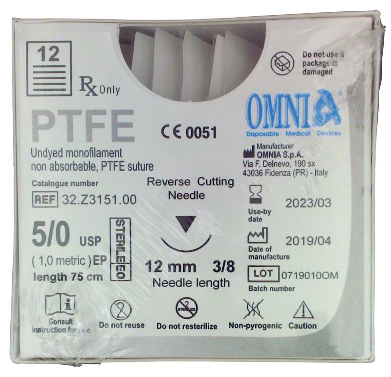 PTFE Nahtmaterial 5/0, 12 Stück in steriler Verpackung.