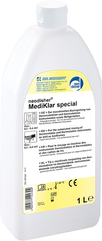 neodisher® MediKlar special 1-Liter-Flasche mit Etikett und Anwendungsanleitung