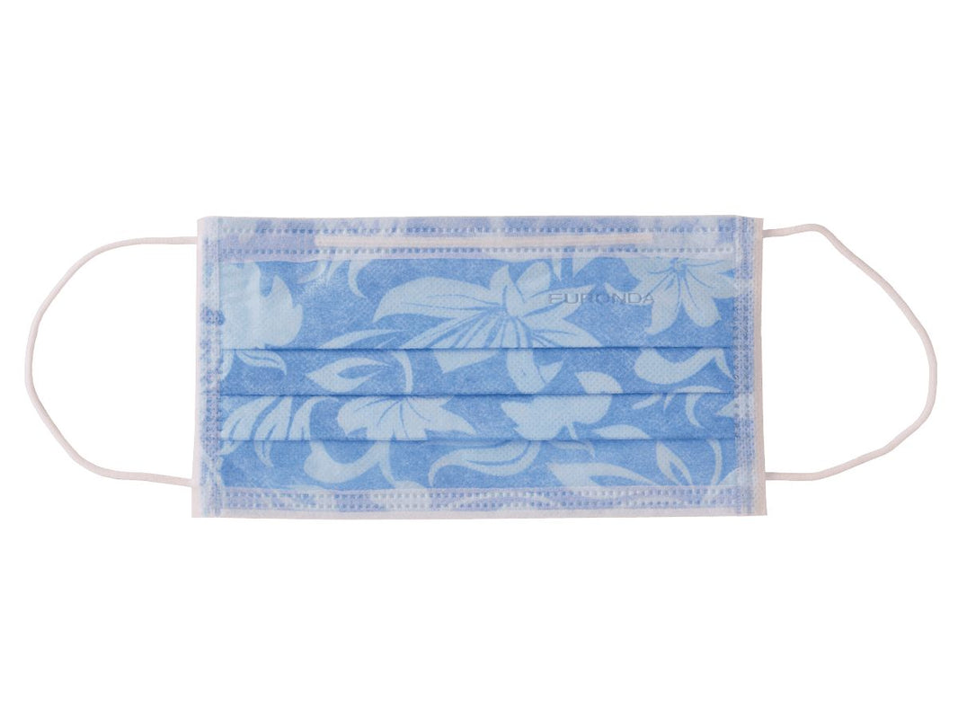Blauer 4-lagiger Mundschutz mit floralem Muster für den dentalen Bereich.