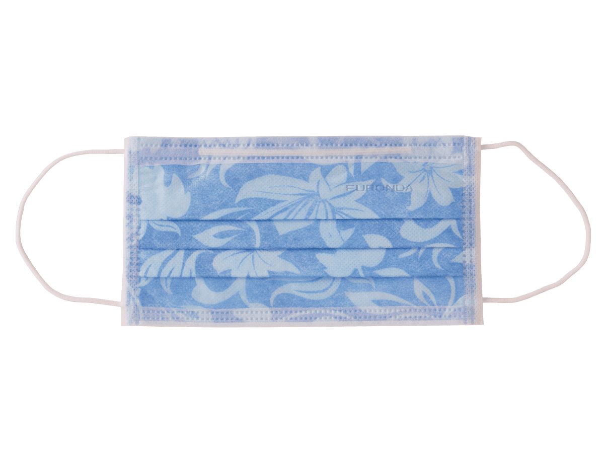 Blauer 4-lagiger Mundschutz mit floralem Muster für den dentalen Bereich.