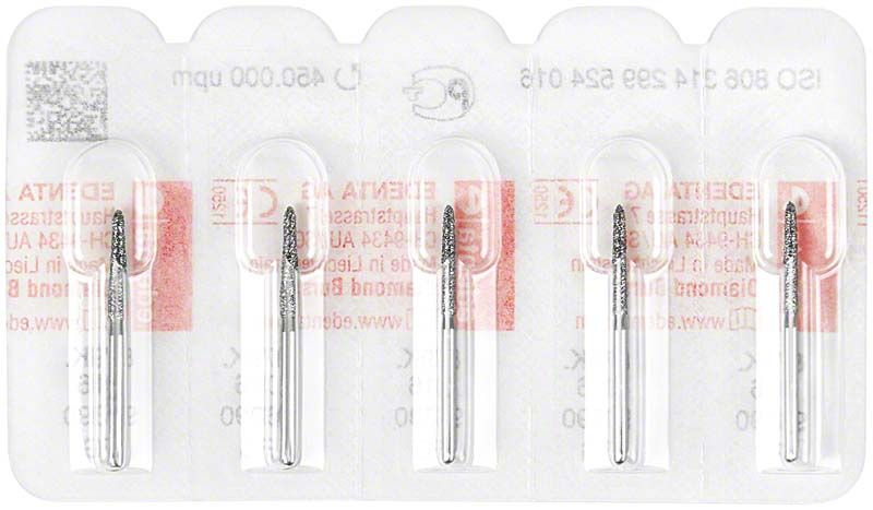 Fünf Diamantbohrer FG 879K 016 in Blisterverpackung.