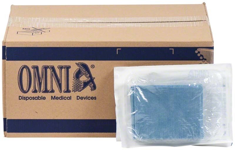 Chirurgisches Abdecktuch in Verpackung vor einem Karton mit Omnia-Logo.