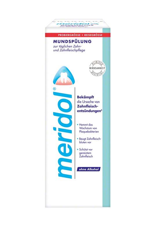 meridol® Mundspülung 100ml Verpackung mit antibakteriellen Eigenschaften gegen Plaque.