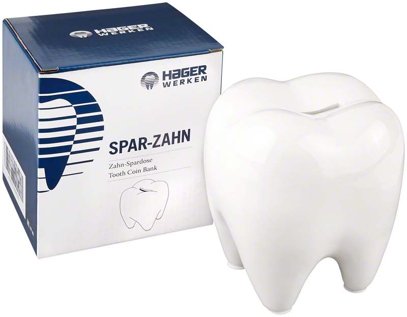 Spar-Zahn Spardose in Zahnform aus weißem, keramikartigem Material.