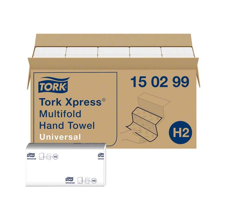 Offener Karton Tork Xpress® Multifold Handtücher H2 mit Verpackungsdetail.